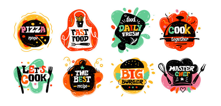 Funny lunch gastronomy hand lettering. Cooking label, stamp or sticker, kitchen food symbols, cook logo, burger and pizza meal, logotype template. Vector exact typography illustration set