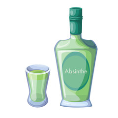 Absinthe in shot glass and green bottle, strong alcohol drink with anise, wormwood and fennel flavor vector illustration. Cartoon isolated absinth luxury beverage for booze party in bar or pub