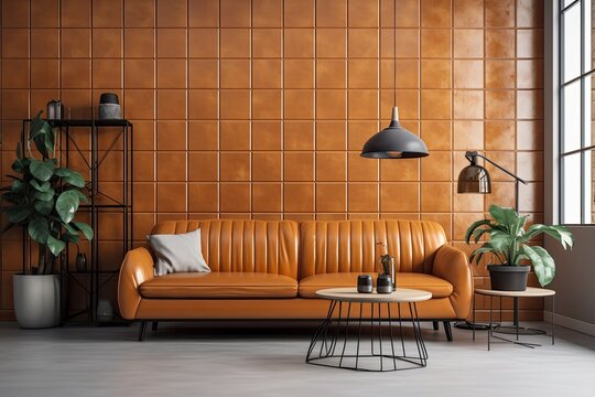 Warm orange tiles wall mockup with leather couch behind the kitchen. Generative AI