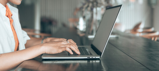 woman hands typing laptop keyboard.