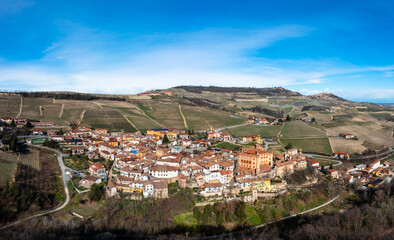 view of the village of Barolo and the surrounding vineyards in the Italian Piedmont