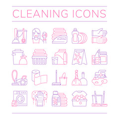 Household cleaning service. Maid line icons. Cleaner equipment like rag and laundry wipe. Washer time app. Broom and bucket. House cleanup. Vector outline housekeeping pictograms set