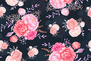 Seamless pattern of orange and pink rose bouquet on dark blue background.Watercolor Illustration hand drawing.Pattern design for breaking cloth.