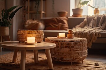 Two wooden cups on bamboo coffee table in bright and pleasant living room with hazy backdrop. Wicker furniture with eco materials, candle, and cloth at boho chic interior. Generative AI