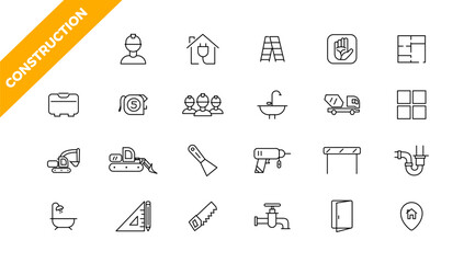  Outline web icons set - construction, home repair tools. Thin line web icons collection.