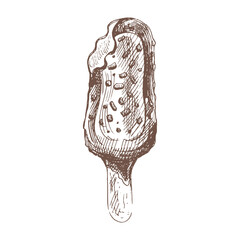 A hand-drawn sketch of  ice cream, popsicle on a stick in chocolate. Vintage illustration. Element for the design of labels, packaging and postcards..