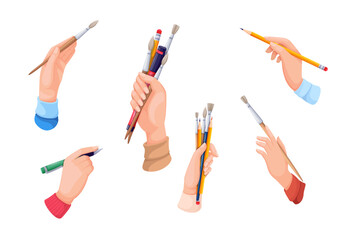 Hands hold artists tools set vector illustration. Cartoon isolated human hand holding brushes and pencils with eraser, pen and marker to draw art pictures and write creative notes, sign document