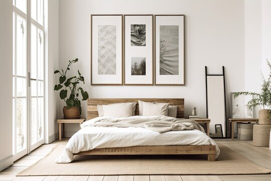 Empty bedroom frames. Decorating templates. Rustic boho minimalist interior. Presentation blanks. Generative AI
