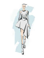 Beautiful young girl in stylish clothes. Fashion woman look. Sale concept. Hand-drawn fashion illustration. Cute girl in fashion clothes.