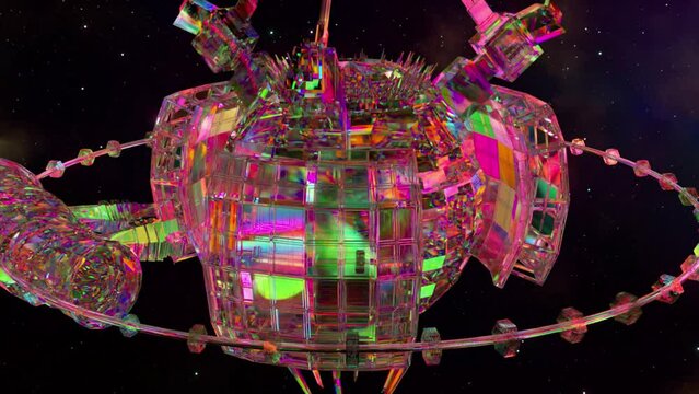 A large pink diamond spaceship is gathering in the center of the galaxy. Rainbow. Starry sky. 3d animation.