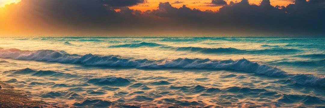Panoramic shot of the beautiful sea landscape at sunset. Banner. Ai generative.
