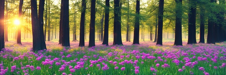Panoramic photography of beautiful spring summer landscape with sun, trees and flowers. Banner. Ai generative