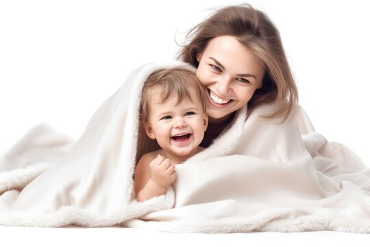 Happy family. Mother and baby playing smiling under blanket 