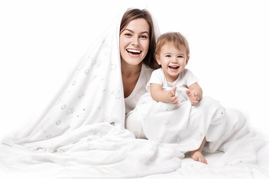 Happy family. Mother and baby playing smiling under blanket 