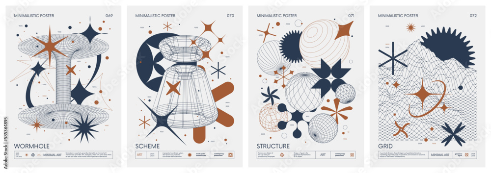 Leinwandbilder brutalist style vector minimalistic posters with strange wireframes graphic assets of geometrical sh