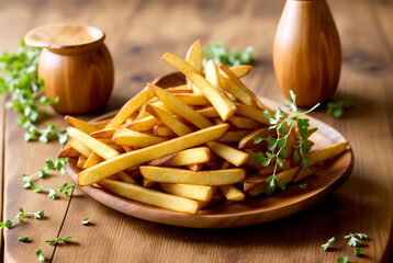 Fototapeta na wymiar Yummy! A wooden plate with fresh fries. Absolute food porn! Ideal as a banner, header or background. Space for text.