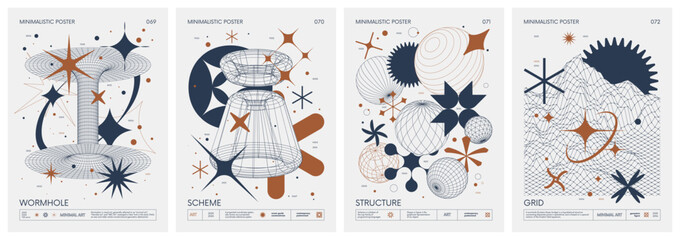 Brutalist style vector minimalistic Posters with strange wireframes graphic assets of geometrical shapes and silhouette basic figures, Modern color print artwork, set 18