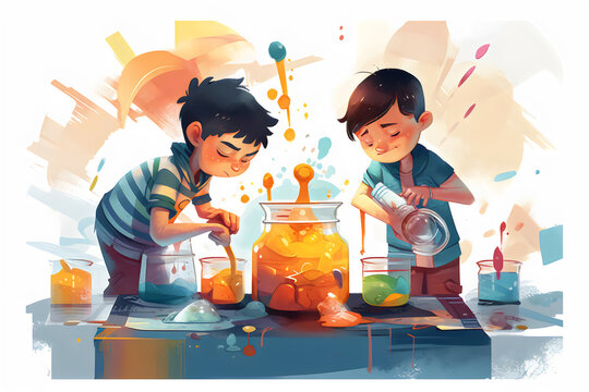 watercolor of boys doing science experiment, made with generative ai