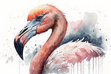 Flamingo - closeup - portrait in watercolor style - Generative AI