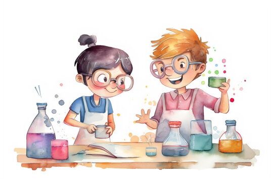 watercolor of girl and boy doing science experiment, made with generative ai