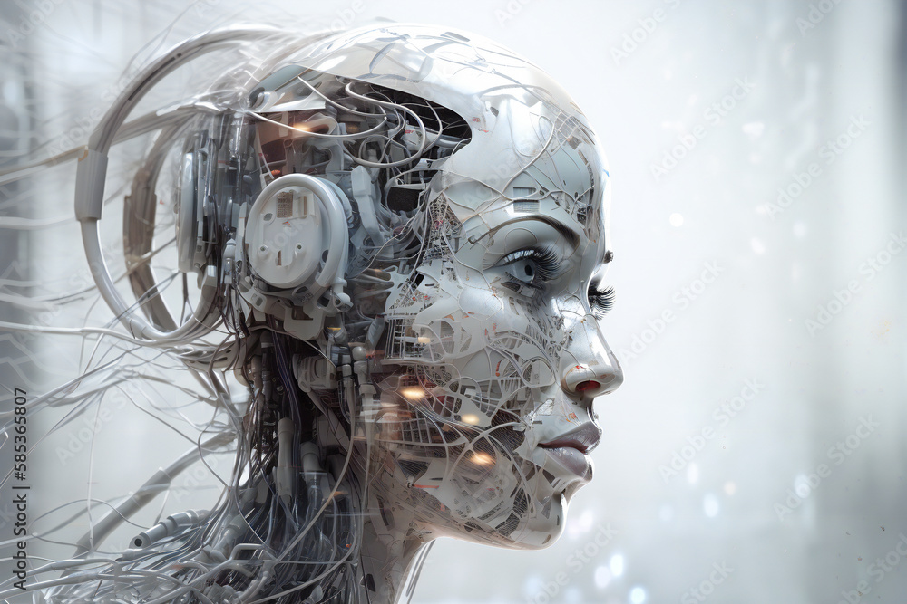 Poster illustration of a beautiful female android head. robotic and artificial intelligence concept. create