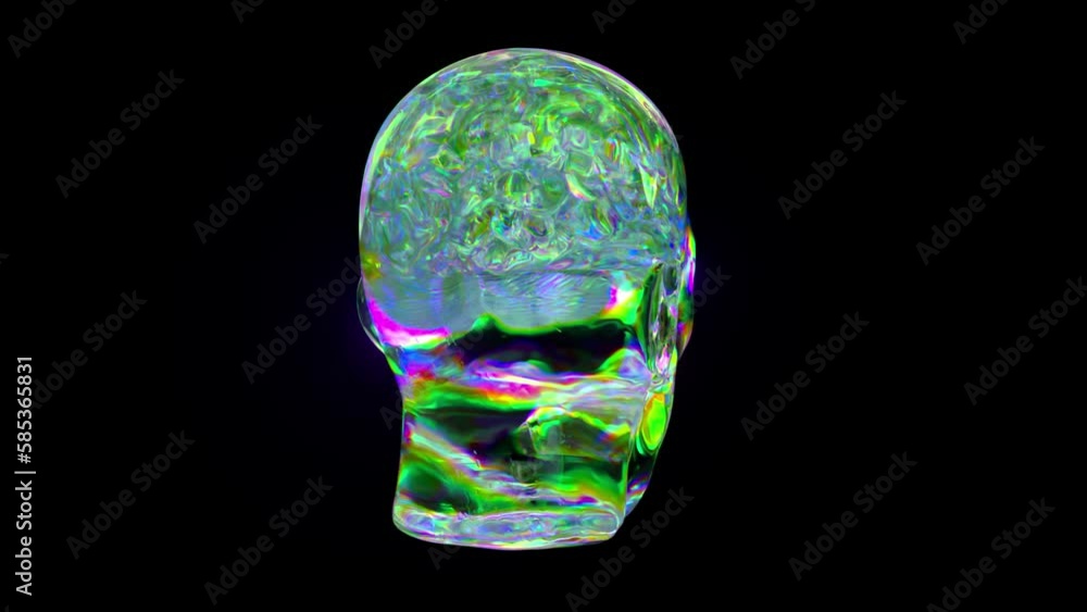 Poster visualization of artificial intelligence. diamond brain inside a transparent screaming head. rainbow