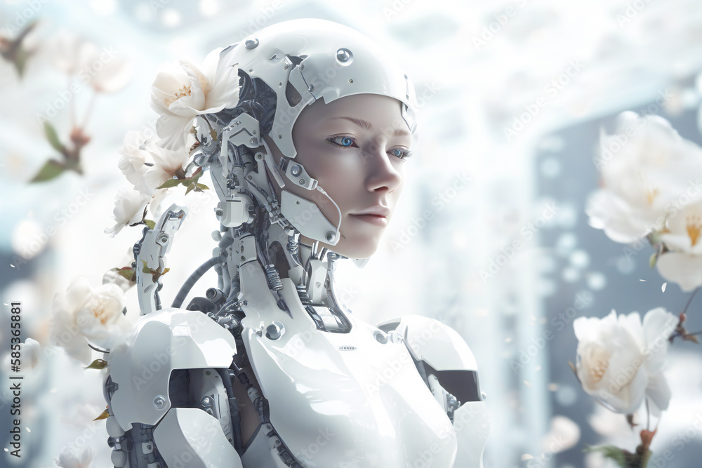 Poster illustration of a beautiful female white android head. robotic and artificial intelligence concept. 