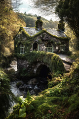 Obraz premium Beautiful traditional old house covered in ivy and moss. Created with Generative AI technology.