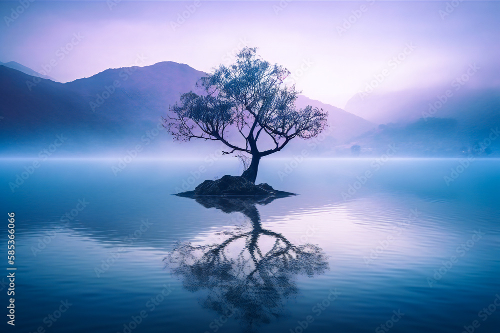Poster illustration of a lone tree on a lake. isolation and loneliness concept. created with generative ai 