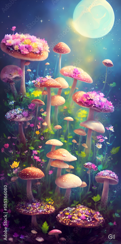 Canvas Prints Magical colorful flowers and mashrooms. AI Generated illustration