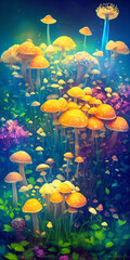 Fototapeta na wymiar Magical colorful flowers and mashrooms. AI Generated illustration