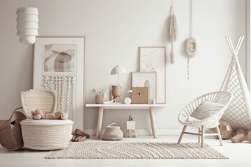 White kid room wall. Scandi boho interior mockup. Picture poster space. Console, rattan chair, toys, macrame. Kid friendly room. Generative AI