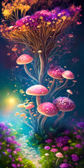 Magical colorful flowers and mashrooms. AI Generated illustration