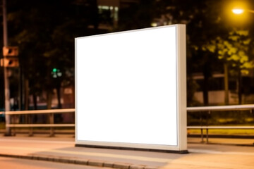 Empty advertisement board, Mockup of blank advertising light box on the sidewalk in the city, Generative AI