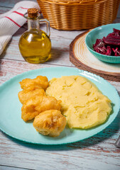Cod fish with a potato garlic mash  - Bakaliaros Skordalia