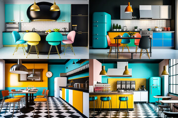 Salle de bar ou de restaurant, design et coloré - Générative IA