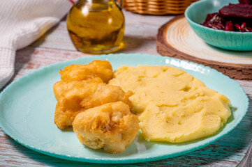 Cod fish with a potato garlic mash  - Bakaliaros Skordalia