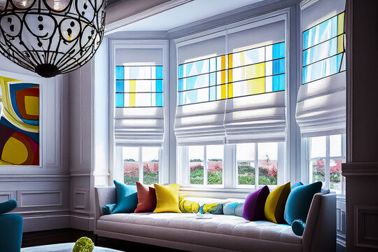 Bow-window, v&eacute;randa, fen&ecirc;tre avec luminosit&eacute; et canap&eacute; avec coussins - G&eacute;n&eacute;rative IA