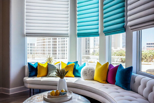 Bow-window, v&eacute;randa, fen&ecirc;tre avec luminosit&eacute; et canap&eacute; avec coussins - G&eacute;n&eacute;rative IA