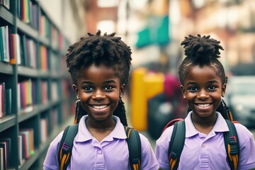 Beautiful smiling, happy, young African American school girls. Black female students in polo shirt and backpack in school library. generative AI.