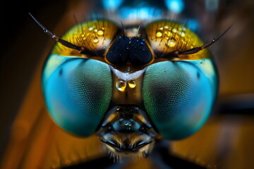 macro close-up of iridescent insect eyes with dew, generative ai	