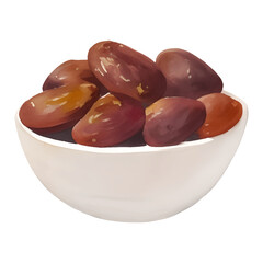 Tasty Dates Fruit on White Bowl Isolated Hand Drawn Painting Illustration