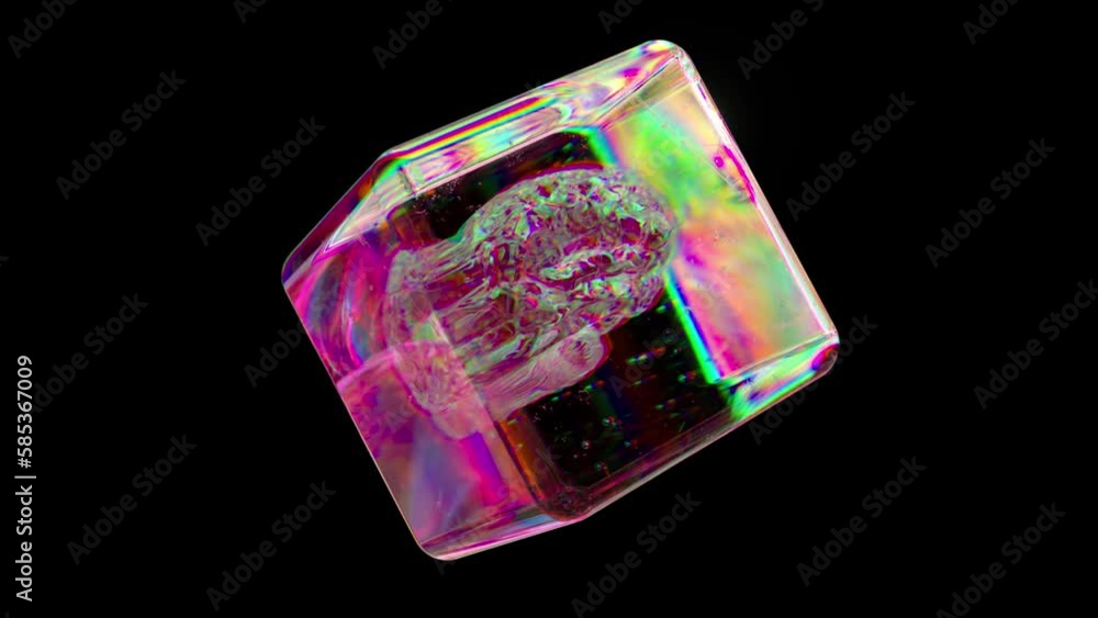 Poster diamond brain inside a transparent glass cube. pink color. rainbow. 3d animation of a seamless loop.