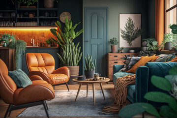 Modern living room, futuristic interior design. Super photo realistic background. Generative ai illustration