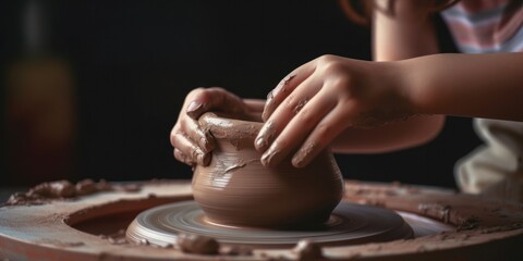 Fototapeta na wymiar Kid is handcrafting a vase or bowl with clay