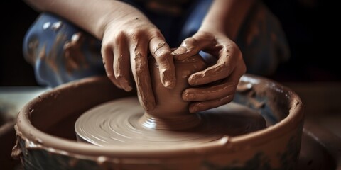 Fototapeta premium Asian woman potter forming a vase or bowl on a potters wheel