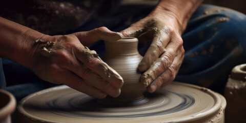 Fototapeta premium HAnds forming a vase with clay