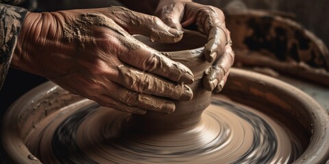 Hands on potters wheel - obrazy, fototapety, plakaty