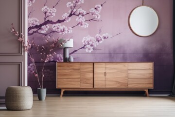 White and purple Japanese living room. Wooden dresser with wall mockup. Wallpaper, parquet. Interior design, panorama,. Generative AI