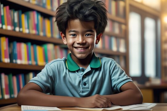 A smiling, happy, beautiful young asian school boy. Student with polo shirt and backpack in the school library. generative AI.